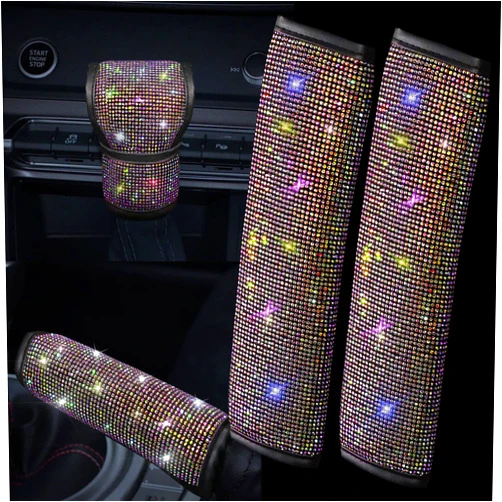 SPANICE Bling Bling Auto Crystal Rhinestone Diamond Seat Belt Cover & Handbrake Cover & Shift Gear Cushion Luster Crystal Diamond Car Decor Accessories (Colourful-4 Pcs)