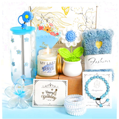 Unipinkart Happy Birthday Gifts for Teen Girls, Unique Gift Baskets for Women, Her, Self Care Thank You Get Well Valentines Day Present Set, 14pcs Cute Teenage Box for Friend Mom Sister Coworker (Blue)