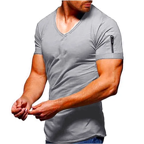GOKKILRW Mens Fashion Muscle T-Shirts Stretch Short Sleeve V Neck Bodybuilding Solid Color Zipper Workout Athletic Tee Shirts