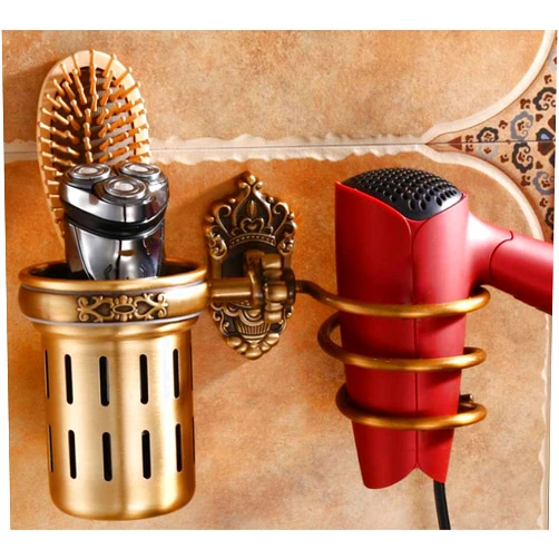 HAOCHIDIAN Space Aluminum Hair Dryer Holder European Style Retro Wall-Mounted Multifunction Heat Resistant Spiral Bracket Punch Toothbrush Rack for Bathroom Washroom