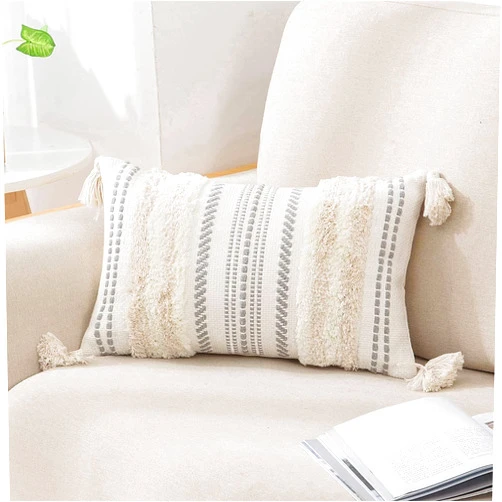 decorUhome Decorative Boho Throw Pillow Cover 12x20, Lumbar Accent Neutral Tufted Pillow Cover for Couch Bed Sofa, Textured Striped Woven Pillow Cover, Beige and Cream White, Pack of 1