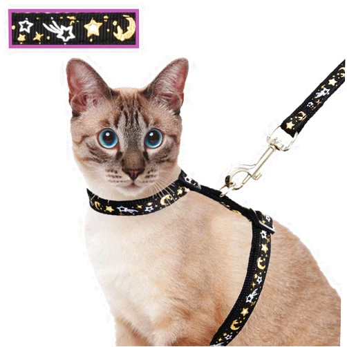 Barleygoo Cat Harness and Leash Set for Outdoor Walking Escape Proof Adjustable Soft Safety Strap with Golden Star and Moon Design Glow in The Dark Black XL