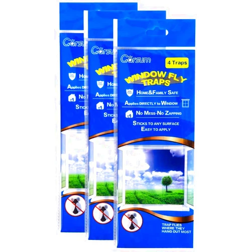 Garsum Window Fly Traps Indoor, Fly Paper Bug Sticky Strips, House Fly Killer Window Decal Non-Toxic,4 Piece per Pack Total 12 Pices