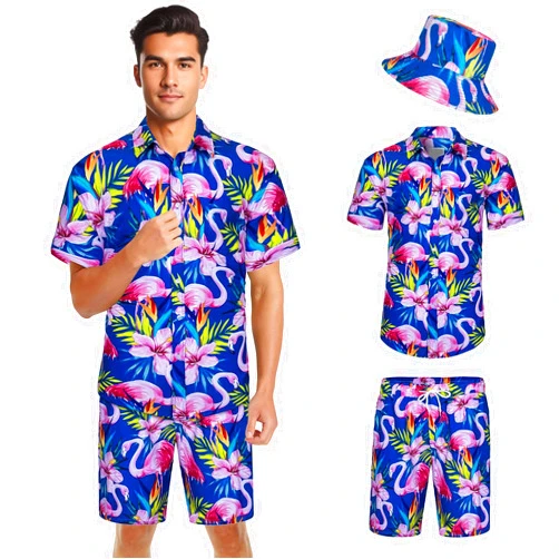 Ficlwigkis Mens Hawaiian Shirt and Shorts Set with Bucket Hats, Tropical Button Down Shirts Outfit, Luau Outfits for Beach