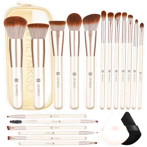 HEYMKGO Makeup Brushes Set, 18pcs Professional Makeup Brushes with 2 Powder Puff & Travel Bag, Premium Synthetic Foundation Powder Blush Blending Face Brush Kit, Eyeshadow Set Makeup Brushes & Tools