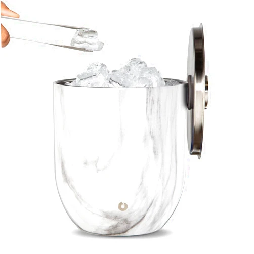 SNOWFOX Premium Vacuum Insulated Stainless Steel Ice Bucket with Lid/Tongs, Home Bar Accessories, Elegant Bartending Ice Buckets for Parties, Beautiful Outdoor Entertaining Supplies, 3L, Marble