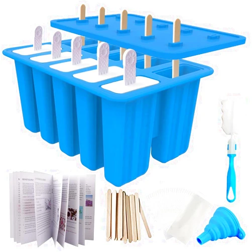 Miaowoof Homemade Popsicle Molds Shapes, Silicone Frozen Ice Popsicle Maker Non-BPA, with 50 Popsicle Sticks, 50 Popsicle Bags, 10 Reusable Popsicle Sticks, Funnel, Brush and Ice Pop Recipes (Blue)