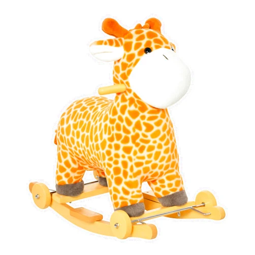 Qaba Rocking Horse, 2 in 1 Kids Ride on Horse, Rolling Giraffe Animal Rocker with Sound, Wooden Base, Pedal, Grip Handle, Plush Riding Pony for 3-6 Years Old, Yellow