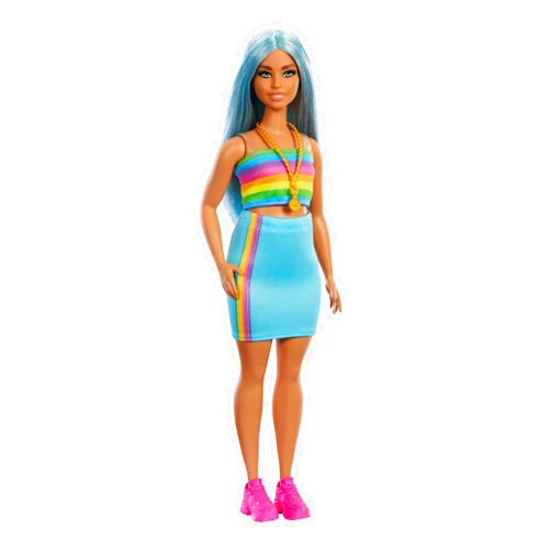 Barbie Fashionistas Doll #218 with Long Blue Hair Wearing Removable Rainbow Top & Teal Skirt, 65th Anniversary Collectible Toy