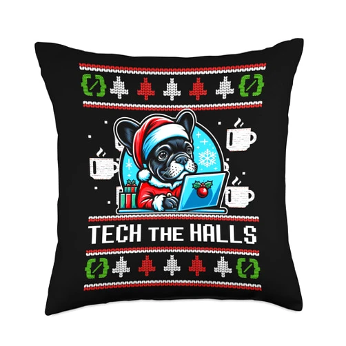 ROUTINE EAT SLEEP CODE REPEAT Fun Developers Memes TECH The Halls Funny Ugly Christmas Sweater Frenchie Meme Throw Pillow, 18x18, Multicolor