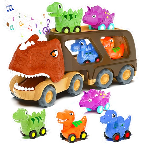 Veslier Dinosaur Car Toy for 2 3 4 5 Years Old Boys, Friction Power Carrier Truck with 4 Pack Small Pull Back Dino Car, Christmas Birthday Gift for 18+ Months Boy Girl Kids Toddlers