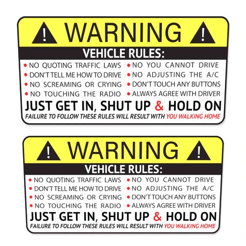 GRIT KULTURE GRITKULTURE Funny Passenger Rules Vehicle Safety Warning Decal Stickers 2 Pack 1.8 inch X 3.7 inch Vinyl for Car, Dash, Truck, Window, Tumblers, Graphic Bumper for Laugh