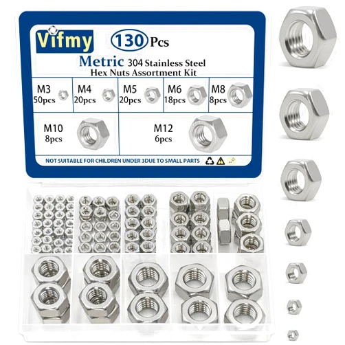 Vifmy 130 Pcs Metric Hex Nuts Assortment Kit, M3 M4 M5 M6 M8 M10 M12 Assorted Hardware Nuts Sets, 304 Stainless Steel Standard Nut