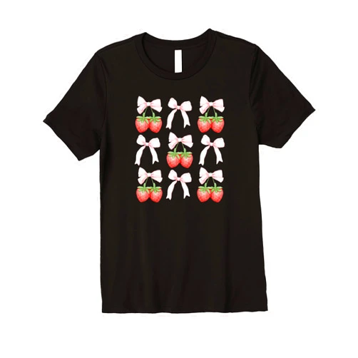 Whimsical Coquette Creations: Pastel Dreams & More Sweet Strawberry Bow Delight Premium T-Shirt