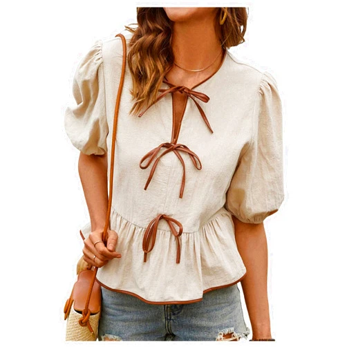 SweatyRocks Women's Summer Puff Sleeve Bow Tie Front Ruffle Peplum Blouse Tops