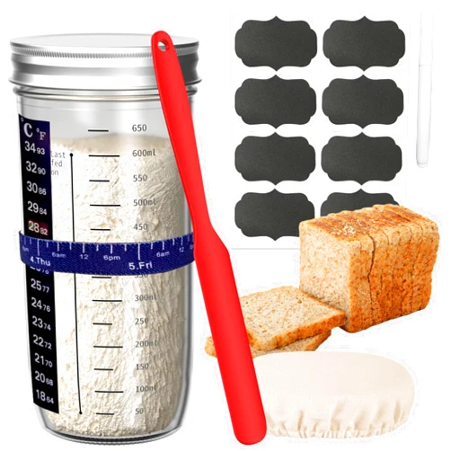 Emuardoe Sourdough Starter Jar, 730ml Sourdough Starter Kit with Silicone Scraper, Date Marked Feeding Band, Thermometer, Cloth Cover & Metal Lid, Reusable Sourdough Bread Baking Supplies