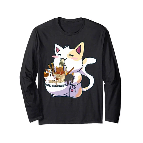 Kawaii Anime Shirts Kawaii Neko Cat Ramen Bowl Anime Japanese Noodles Long Sleeve T-Shirt