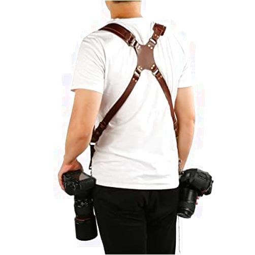 Alomejor Camera Strap Accessories for Two Cameras Professional Adjustable Leather Rivet Double Harness Shoulder Strap for Camera