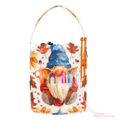 Fustylead Vibrant Thanksgiving Gnome and Leaves Knitting Crochet Bag, Portable Large Yarn Storage Drawstring Basket Organizer for Crocheting Hooks, Project, Store Skein Ball, Short Knitting Needle
