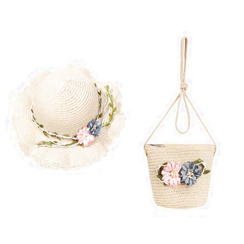 gofidin Girls Summer Baby Beach Sun Hat with Shoulder Bag Set, Cute Flower Sunshade Caps Sun Beach Travel Toddler Baby Shoulder Bag Beige