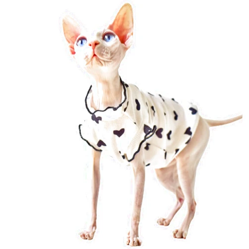 Bonaweite Sphynx Cat Clothes, Cute Heart Pattern Cat Shirts for Cats Only, Breathable Cat Daily Wear Clothes for Devon Rex, Hairless Cat Summer Vest for Sphynx, Kitten Costume T-Shirts Skirt Sweaters
