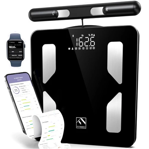 FITINDEX Body Composition Scale for Body Weight, Smart Scales with BMI, Body Fat, Muscle Mass, 8-Electrodes, 50 Composition Measurements, Bathroom, Digital, Bluetooth, FSA or HSA Eligible
