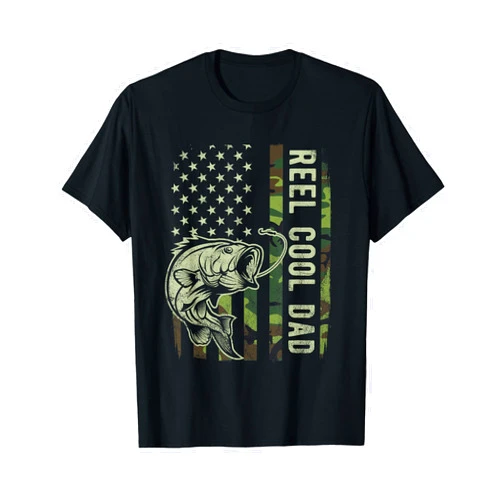 NOMAN Bass Fishing Reel Cool Dad Camouflage American Flag Bass Fish Fisherman T-Shirt