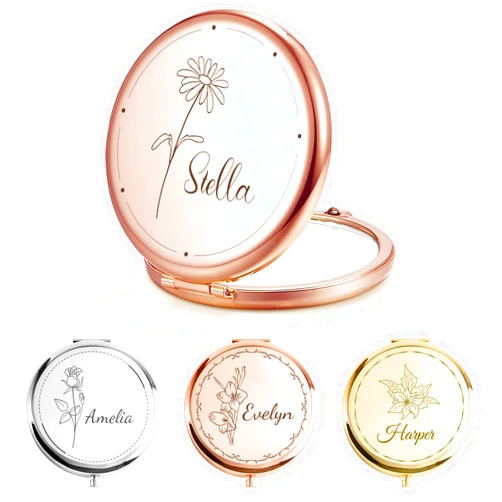 XSTZR Personalized Compact Mirror – Custom Pocket Mirror with Name, Monogram Travel Purse Mirror for Women, Bridal Shower Favors & Bridesmaid Gifts, Portable Makeup Accessory (Birthday Flowers)
