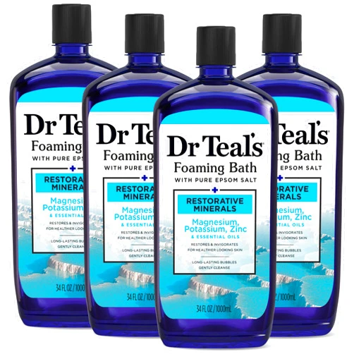 Dr Teal's Foaming Bath with Pure Epsom Salt, Restorative Minerals with Magnesium, Potassium, Zinc & Essential Oils, 34 fl oz (Pack of 4)