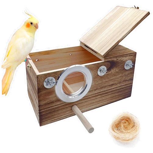 kathson Parrots Nesting Box Parakeet Nest House for Cage Budgie Breeding Box with Coconut Fiber Bedding Wooden Bird Mating Box for Lovebirds Budgie Conure Cockatoo Cockatiel and Small Medium Parrots