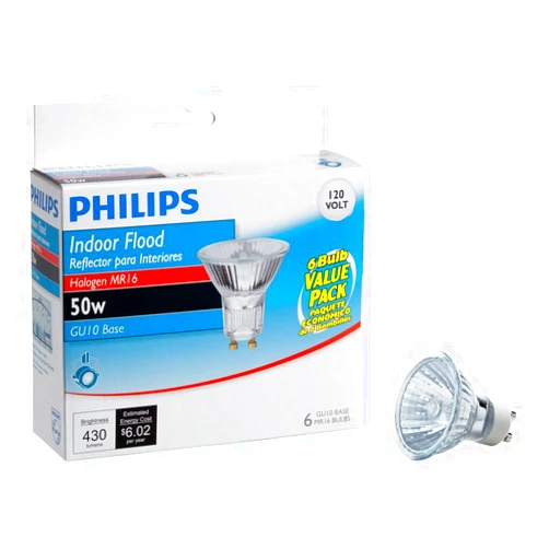 Philips LED Philips 415760 50-Watt Halogen Indoor Flood MR16 GU10 Base 120-Volt Light Bulb, 6-Pack
