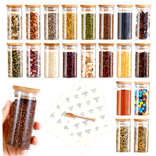 VIKEYHOME Spice Jars with Label, 20pcs 4 oz Glass Spice Jars with Bamboo Airtight Lids, 200 Printed Spice Labels Waterproof Stickers for Seasoning Containers