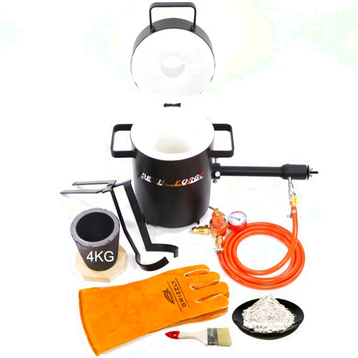 DEVIL-FORGE Gas Propane Furnace FB1Sb Full Kit - 4Kg Crucible Tongs Heat Resistant Gloves 1 DFC Burner 180.000 BTU Foundry Metalsmiths 2642°F/1450°C Brass Copper Bronze Silver etc