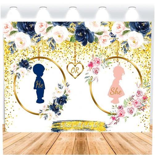 Diasynig 7x5FT Gender Reveal Backdrop Navy and Blush Boy or Girl He or She What Will Baby Be Photography Background Gender Reveal Party Cake Table Decorations Banner Photo Booth Props