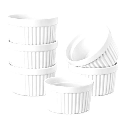 MALACASA Ramekins 8 oz Oven Safe, Porcelain Creme Brulee Ramekins Pudding Custard Cups Ceramic Souffle Dishes Ramakan Ramiken Ramicans Baking Bowls Set of 6, White, Series RAMEKIN-DISH