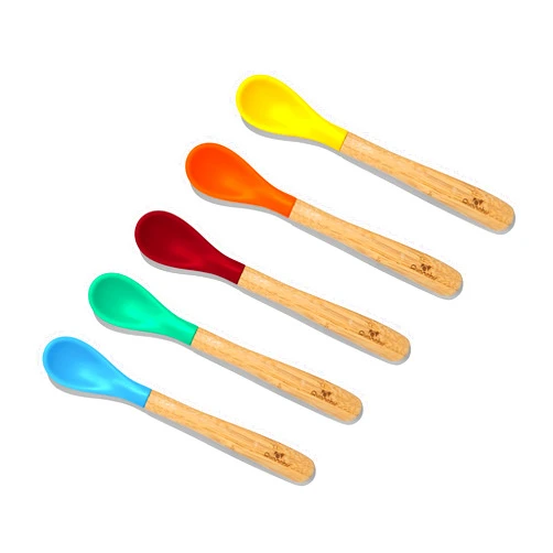 Avanchy Bamboo & Silicone Infant Training Spoons, BPA Free - Soft Tip, Easy on Gums, First Stage Feeding Utensils for Baby-Led Weaning, Self-Feeding, Assorted w/Blue
