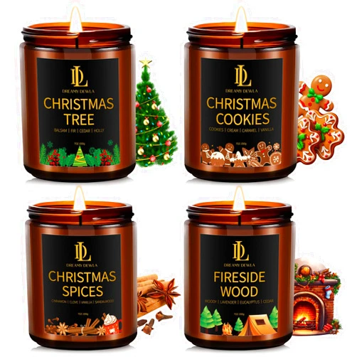 DL DREAMY DEWLA Holiday Candle Set, Winter Scented Candle for Holiday, 4 Pack Soy Candles for Home Scented, Holiday Candles Gifts for Women Men, Winter Scents of Christmas Tree/Cookies/Spices/Fireside Wood
