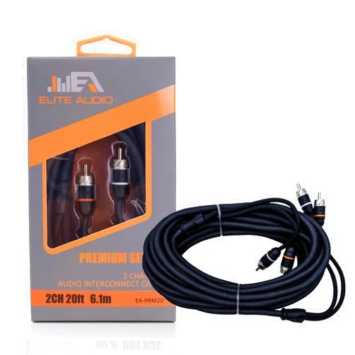 Elite Audio Premium Series 20ft. 2-Channel Car Audio RCA Cable – Double Shielded, Oxygen Free Copper, Noise Reducing Audio Cable for Amplifiers, Subwoofers, Speakers, and Processors – PRM20