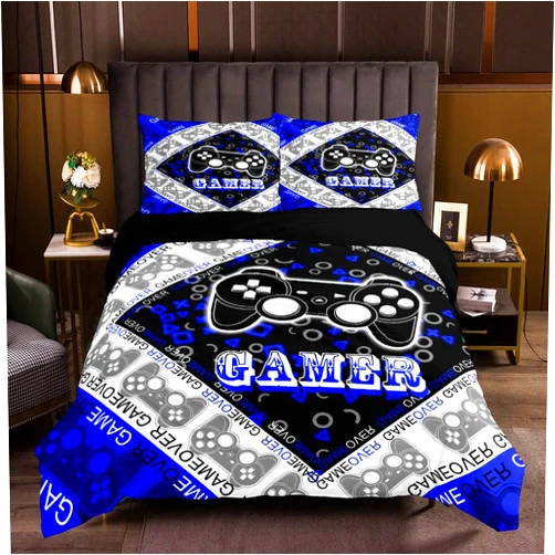 ESOVIO 3D Gamer Bedding Sets for Teens Boys,Vedio Gamepad Patterns Kid's Duvet cover 3Pcs with Pillowcase for Gamer Room Decor, No Comforter(Blue,Queen 90
