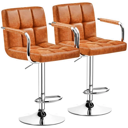 Yaheetech Bar Stools Set of 2, PU Leather Adjustable Swivel Barstools, Hydraulic Kitchen Counter Height Bar Chairs with Armrest and Back for Kitchen, Dining Room, Retro Brown