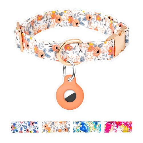 OEBEESA AirTag Dog Collar,Adjustable Dog Collars with AirTag Holder,Cute Puppy Collars with Metal Buckle, Soft Padded Blue Flower Patterns Pet Collar for Small Medium Large Dogs