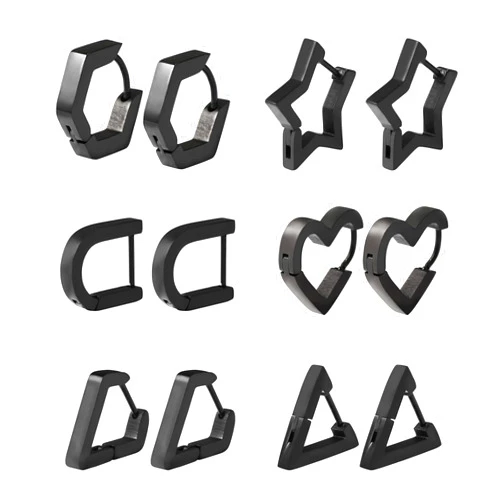 Ahouws Hoop Huggie Earrings Set for Women Girls Men, Geometric Stainless Steel Triangle Diamond Hexagon Star Oval Heart Shape Clip On Hoops Dangle Aretes Para Mujer Earrings Jewelry Gold Silver Black