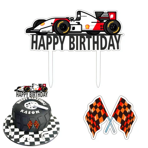 Xoxwolyw Race Car Happy Birthday Cake Topper Racing Car Checkered Flag Cake Decorations for Let's Go Racing Theme Baby Shower Boys Birthday Party Supplies