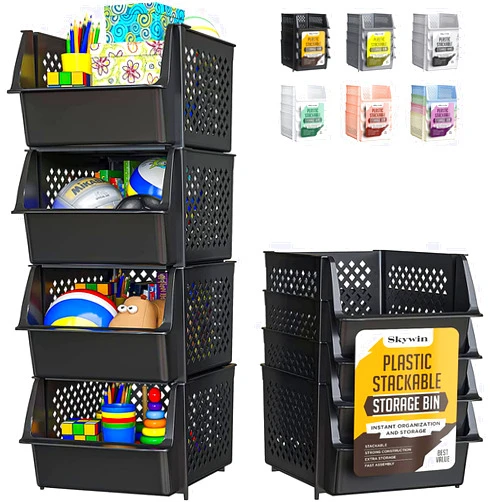 Skywin TidyFriend Stackable Storage Bins for Pantry Organizers and Storage 4 Pack, Pantry Storage for Food, Kitchen and Home Organization (Black)
