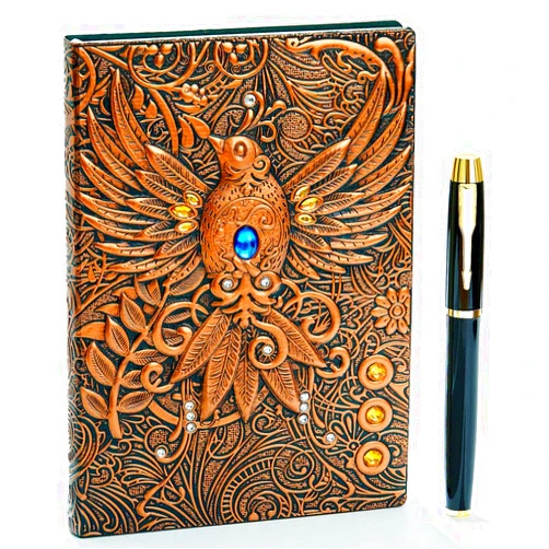 Fengco Vintage 3D Phoenix Embossed Leather Writing Journal with Golden Pen Set,A5,200Pages,Antique Handmade Daily Notepad Sketchbook,Travel Diary&Notebook to Write in,for Women Men (Red Bronze)