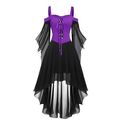 Wanvekey Halloween Costumes for Women 2024 Half Lace Sleeve Fairy Dress Vintage Dress Flare Shoulder Renaissance Dress