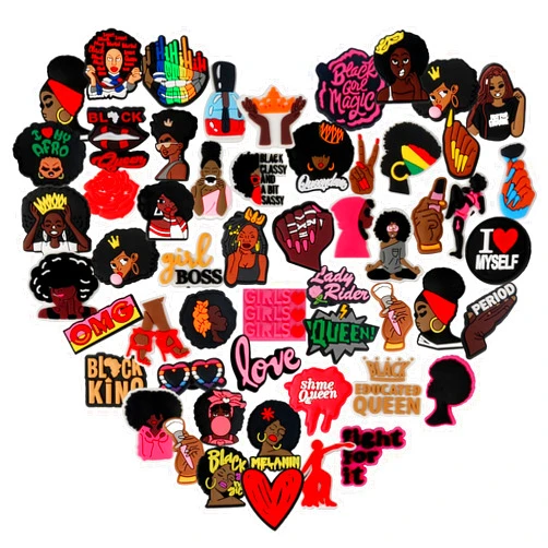 Wonmon 60 PCS Black Girl Magic Shoe Charms, Black Lives Matter Charms for Shoe Clog Decoration, Colorful and Cute Designs Shoe Charms for Girls Adult Women, Black Fashion Pink Charm