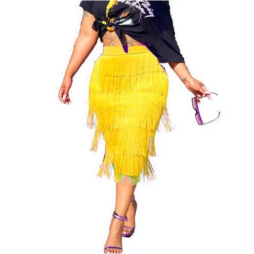 GTMRINJN Women's Zipper Bodycon Pencil Fringe Midi Skirt Sheath Tassel Dance Skirts Dresses S-XXL