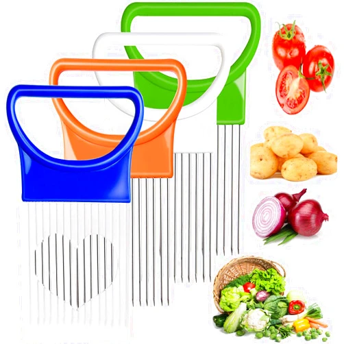 AIMPGSTL 4PCS Onion Holder Slicer Set,Stainless Steel Fruit Tomato Lemon Potato Vegetable Holder Slicer Crinkle Cutter Tool for Kitchen Worker Slicing,Onion Cutter French Fry Cutter,4 Colors
