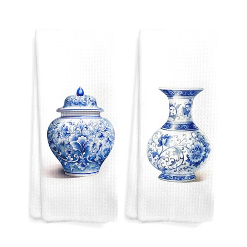 NOQL Chinoiserie Vase Kitchen Towels and Dishcloths Set of 2, Chinoiserie Decor Kitchen Towels, Blue and White Chinese Vase Drying Cloth Hand Towels Tea Towels for Bathroom Kitchen, 16×24 Inches